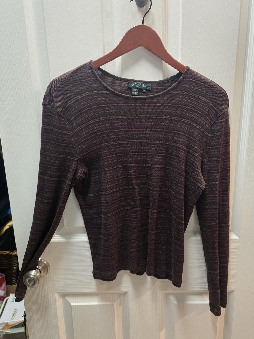 Ralph Lauren Striped Long-Sleeve Crew in Plum and Olive